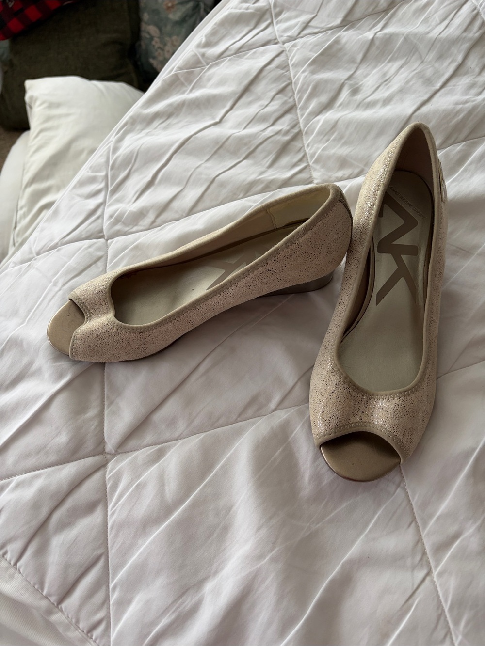 Anne Klein Beige Metallic Peep-Toe Low Heels